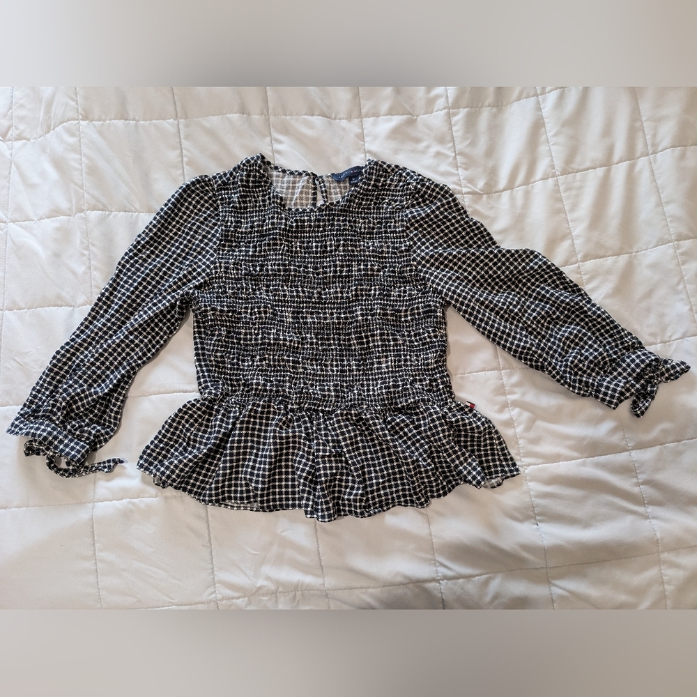 Tommy Hilfiger Checked Smocked Tie-Sleeve Peplum Top